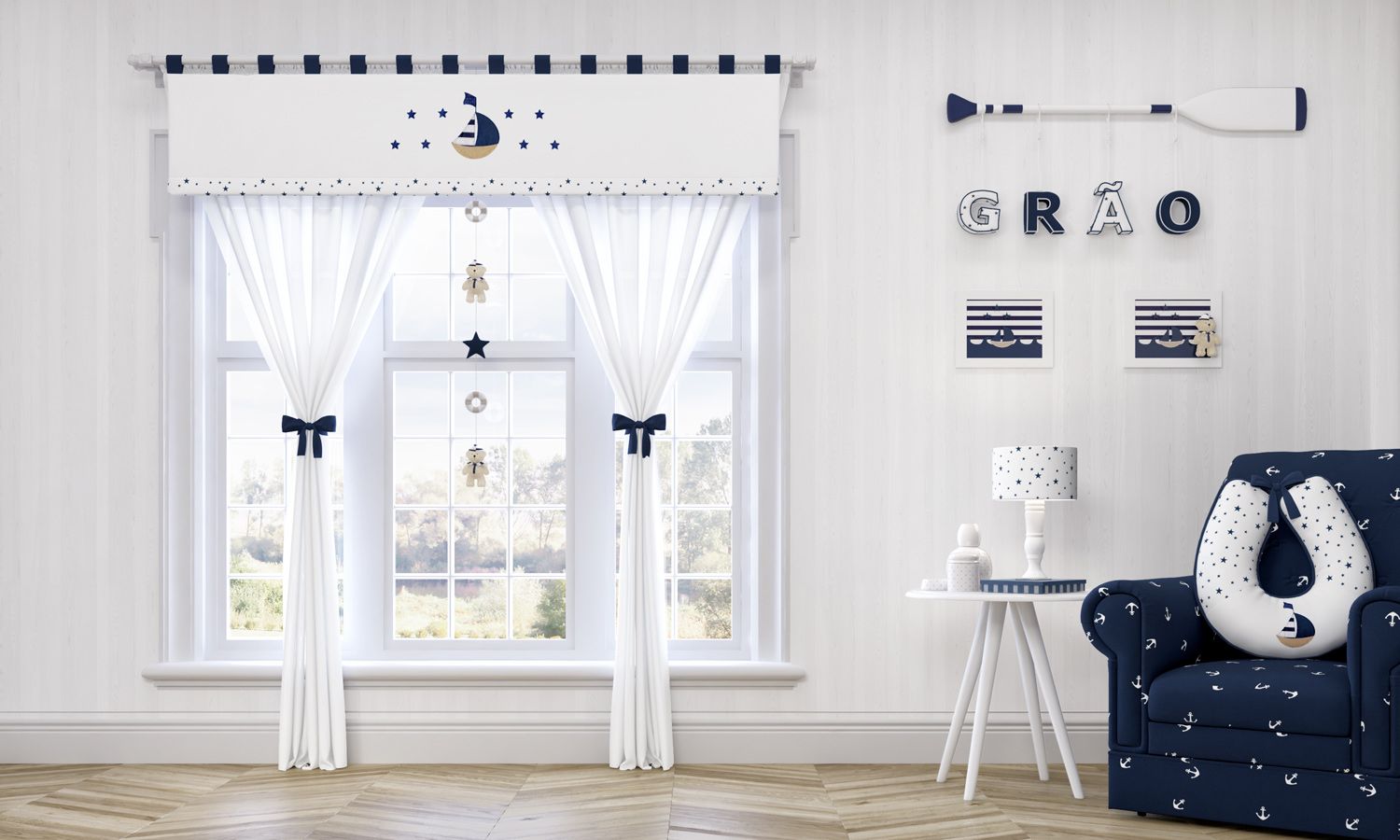 Cortina Urso Marinheiro Azul 1,50m