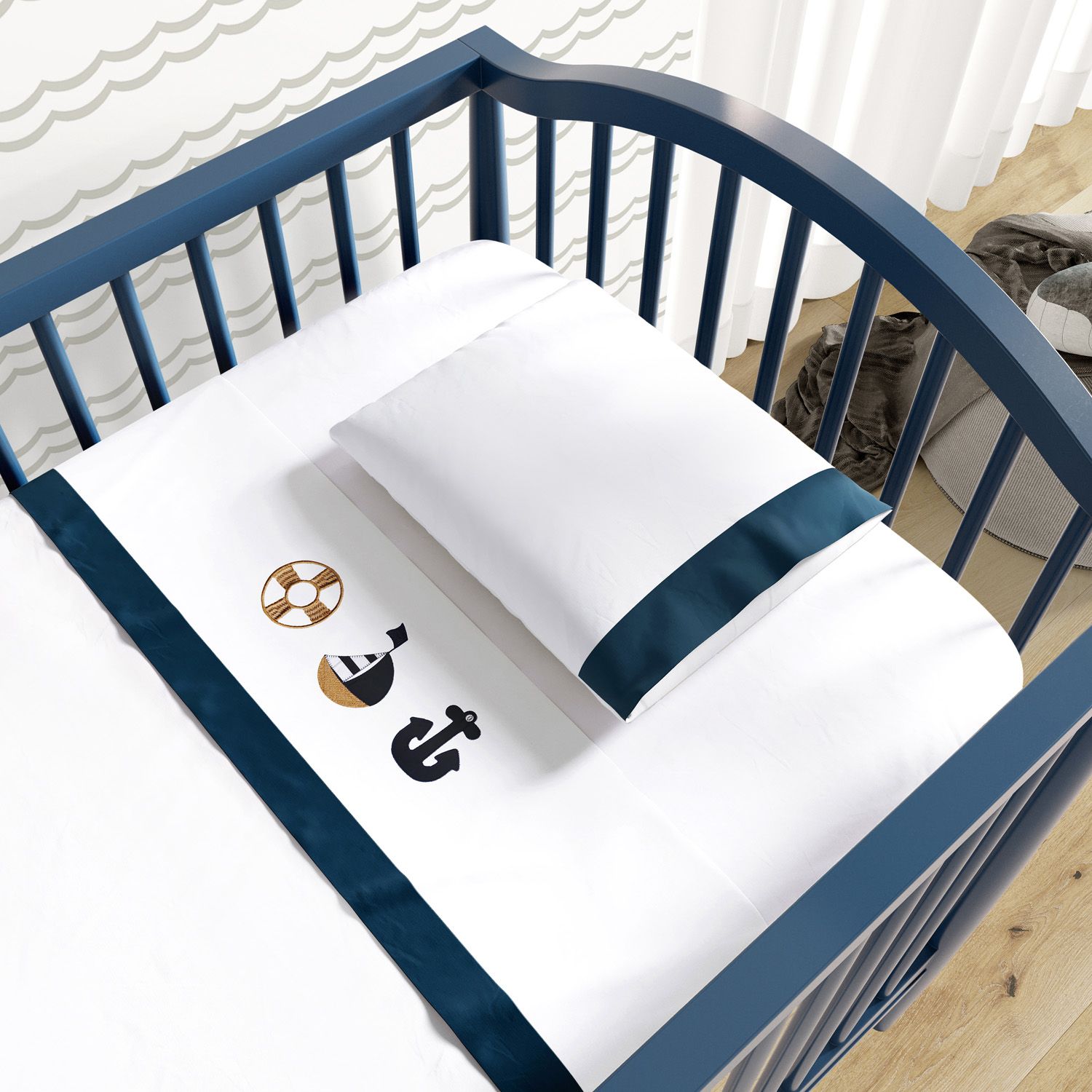 Jogo de Lençol Berço Bordado Marinheiro 3 peças
