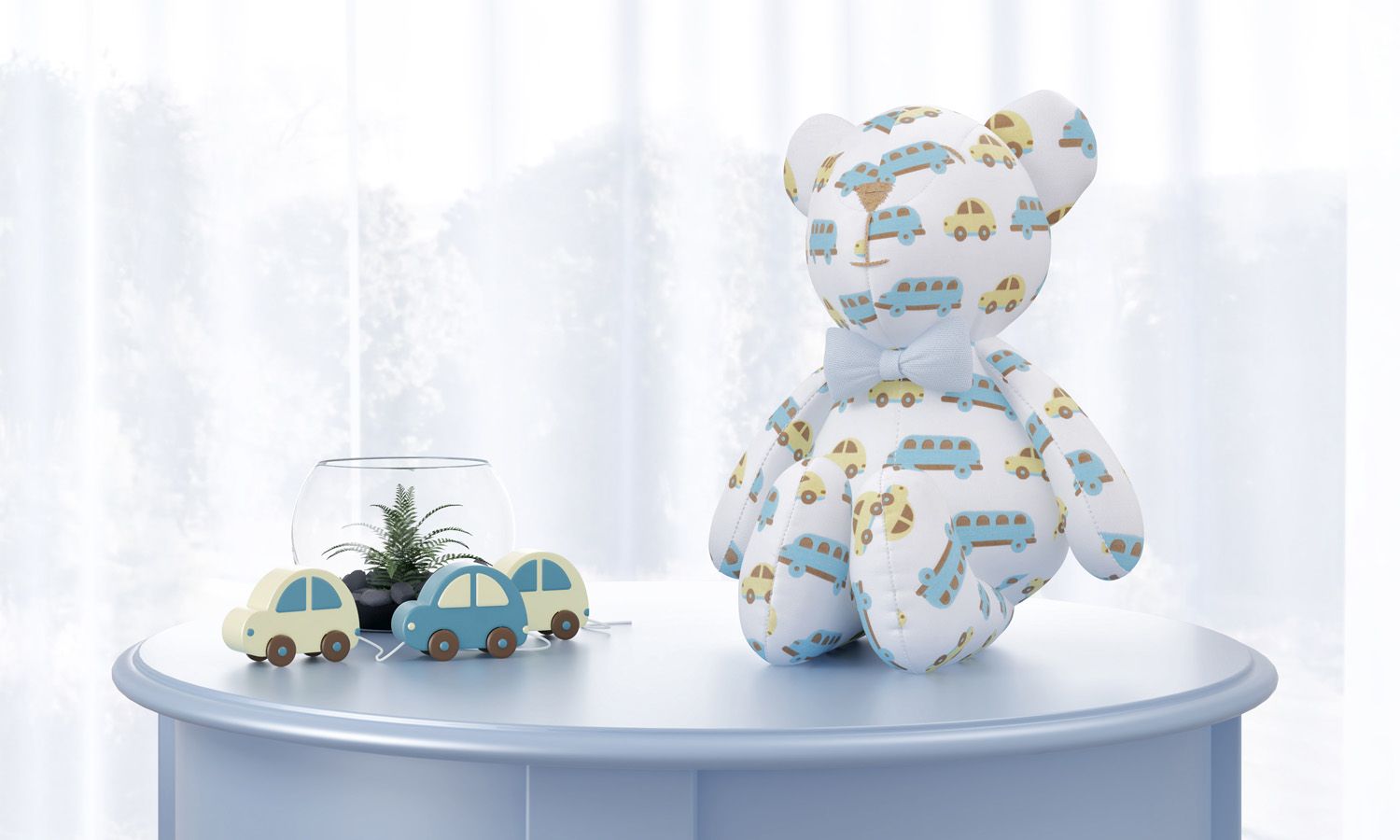 Urso Azul Marinho e Cinza Carrinhos com Gravata 42cm