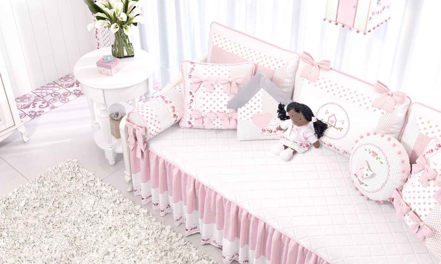 Kit Cama Babá Patchwork Rosa