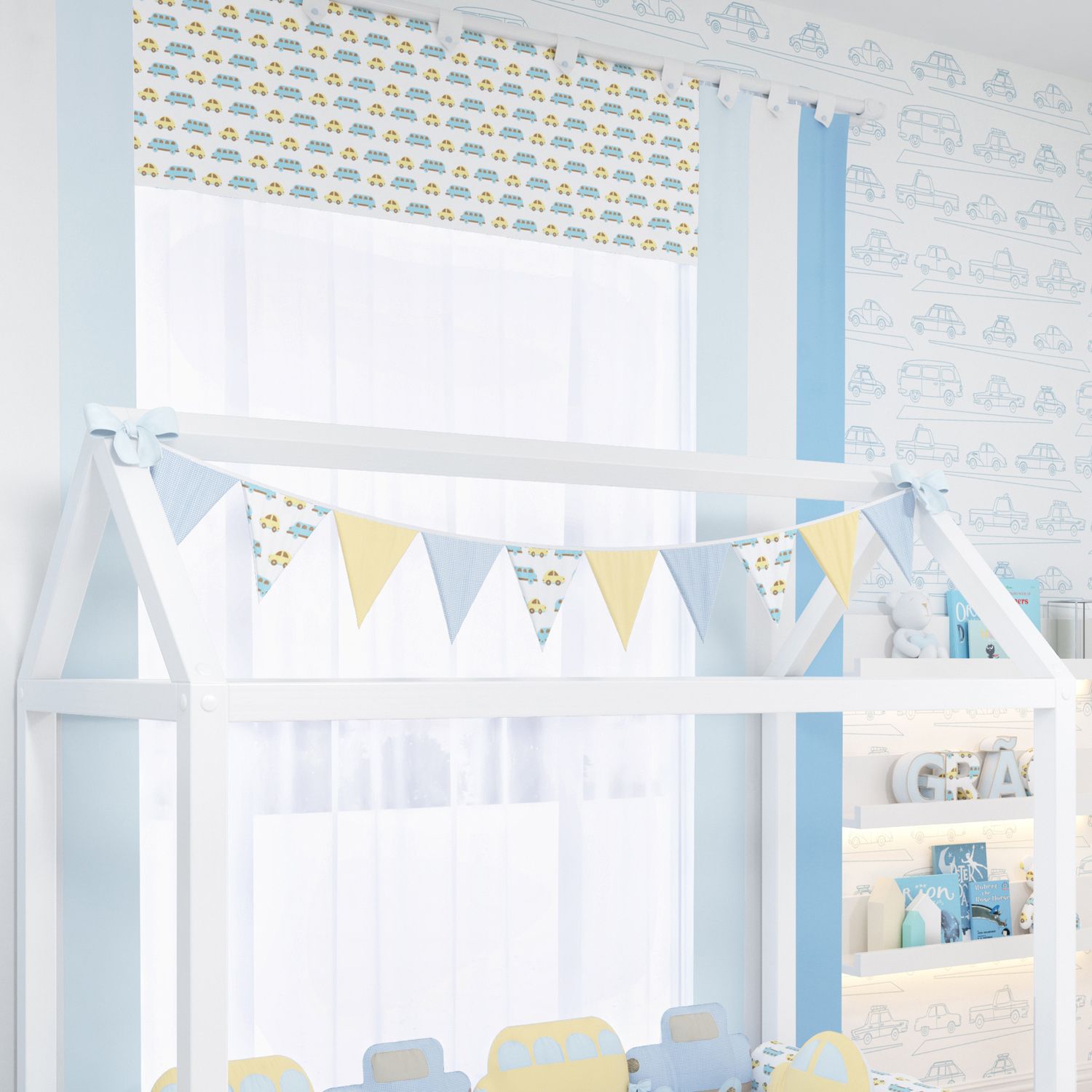 Varal de Cama Bandeirinhas Carrinhos 1,60m