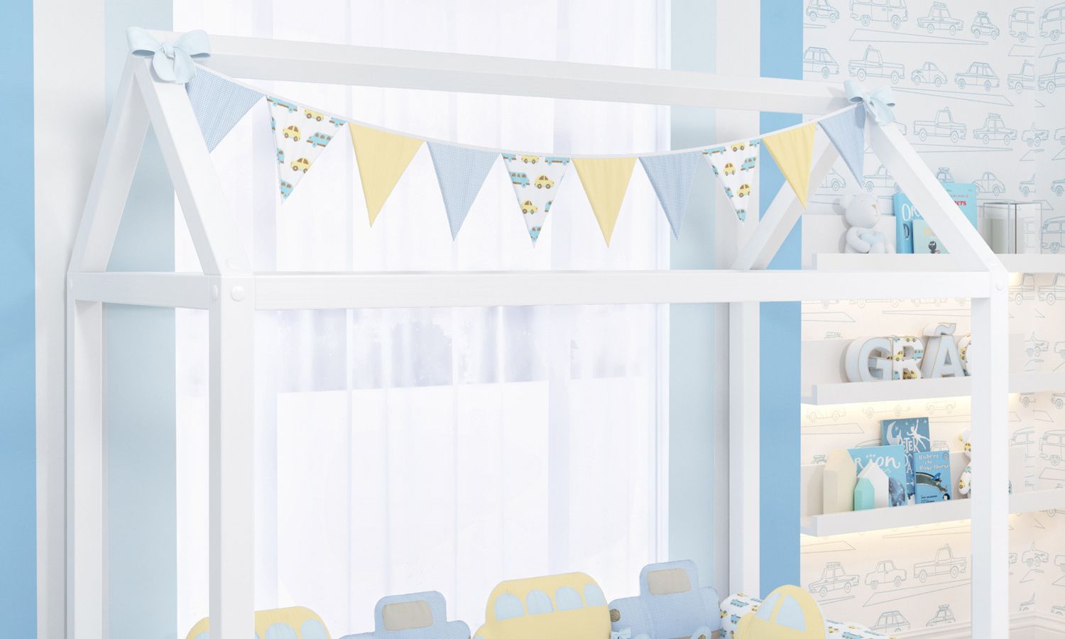 Varal de Cama Bandeirinhas Carrinhos 1,60m