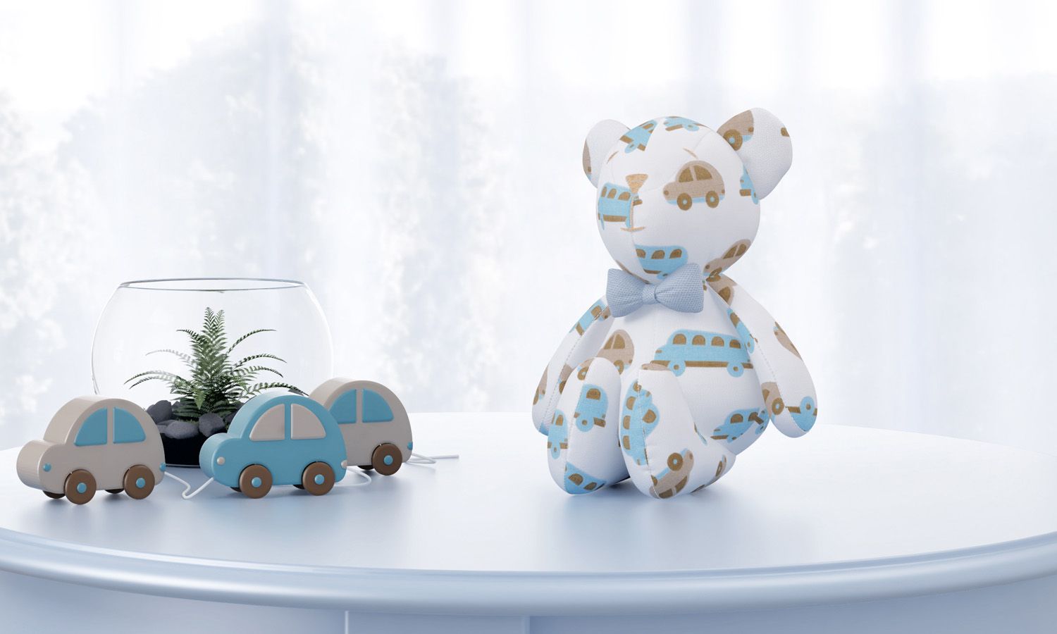 Urso Azul e Bege Carrinhos com Gravata 15cm