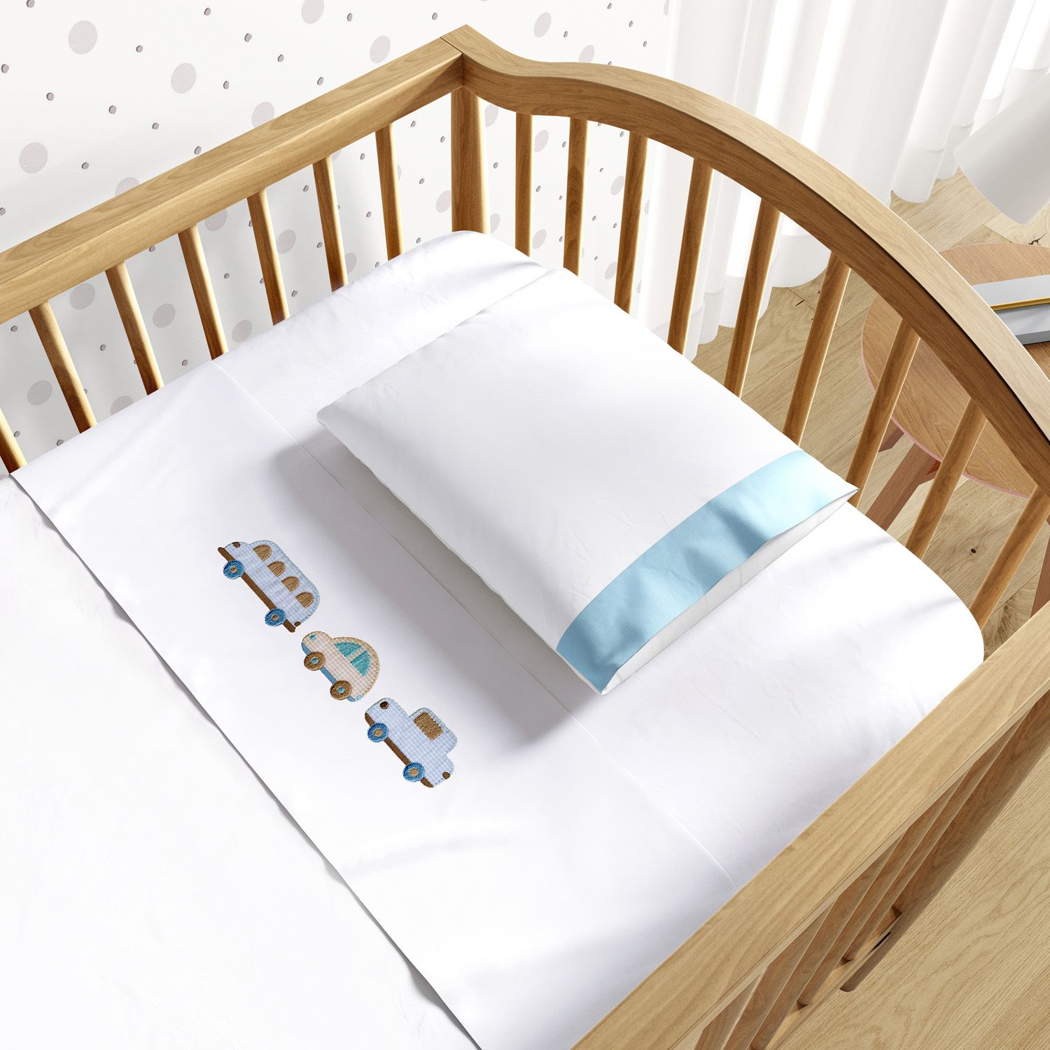 Jogo de Lençol Berço Bordado Carrinhos Azul 3 peças