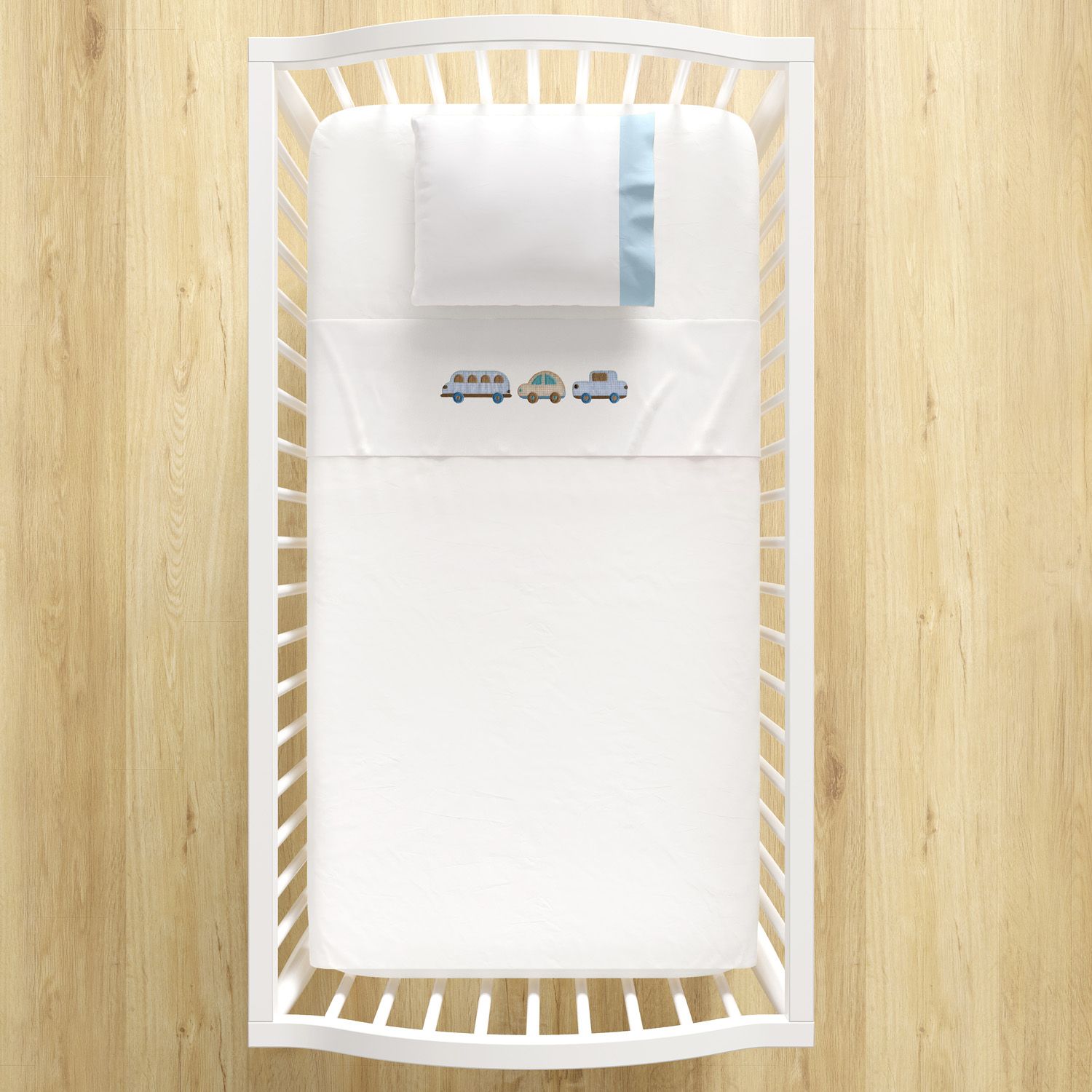 Jogo de Lençol Berço Bordado Carrinhos Azul 3 peças