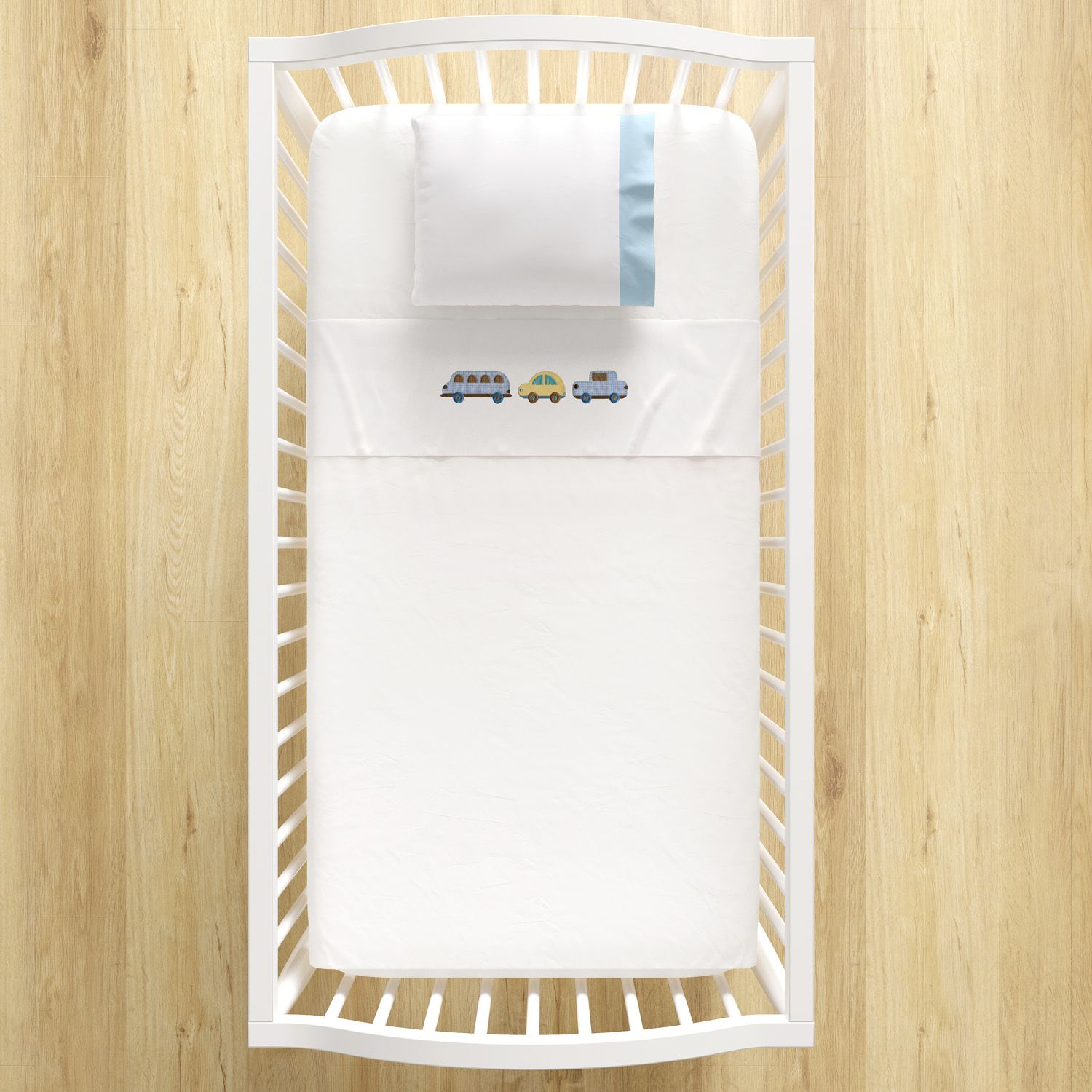 Jogo de Lençol Berço Bordado Carrinhos Azul 3 peças