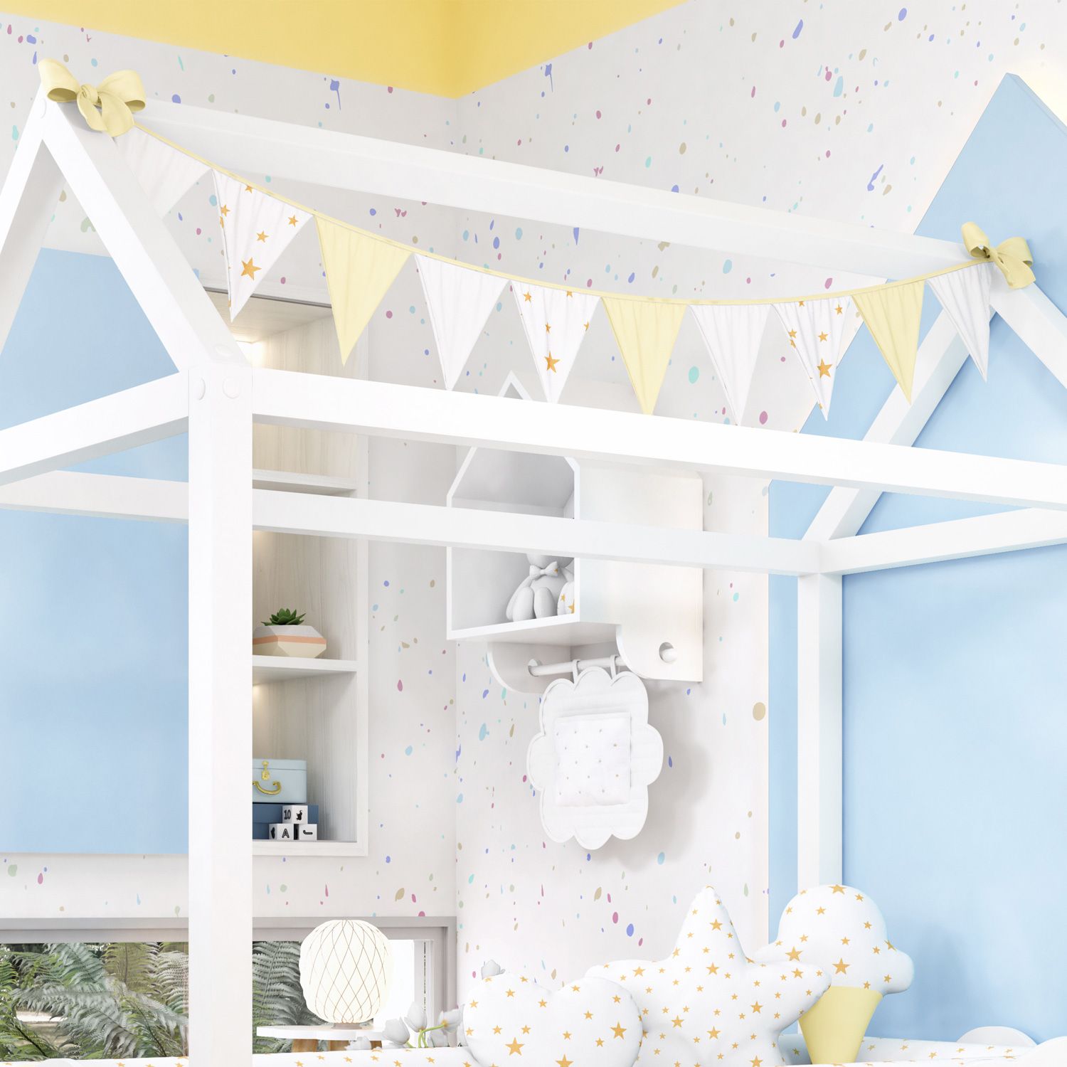 Varal de Cama Bandeirinhas Estrelinhas Amarelo 1,60m