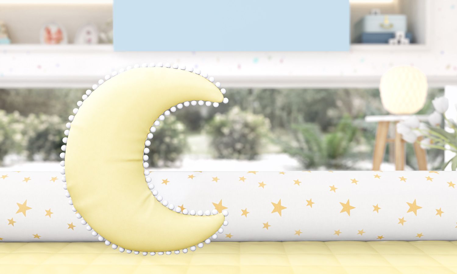 Almofada Lua Pompom Azul 28cm