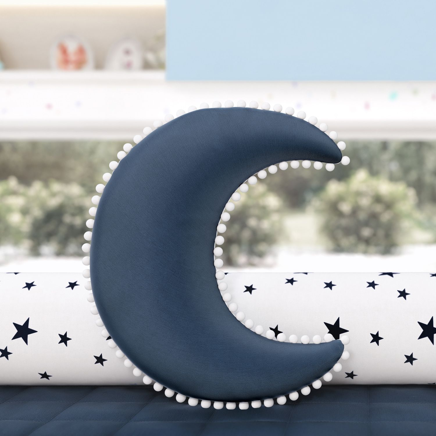 Almofada Lua Pompom Azul 28cm