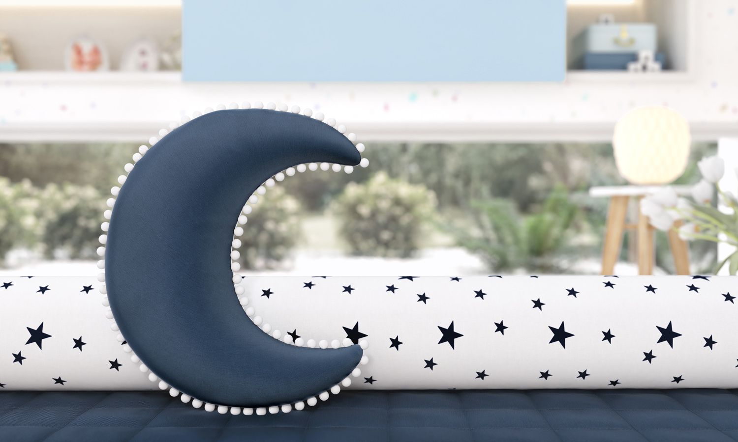 Almofada Lua Pompom Azul 28cm