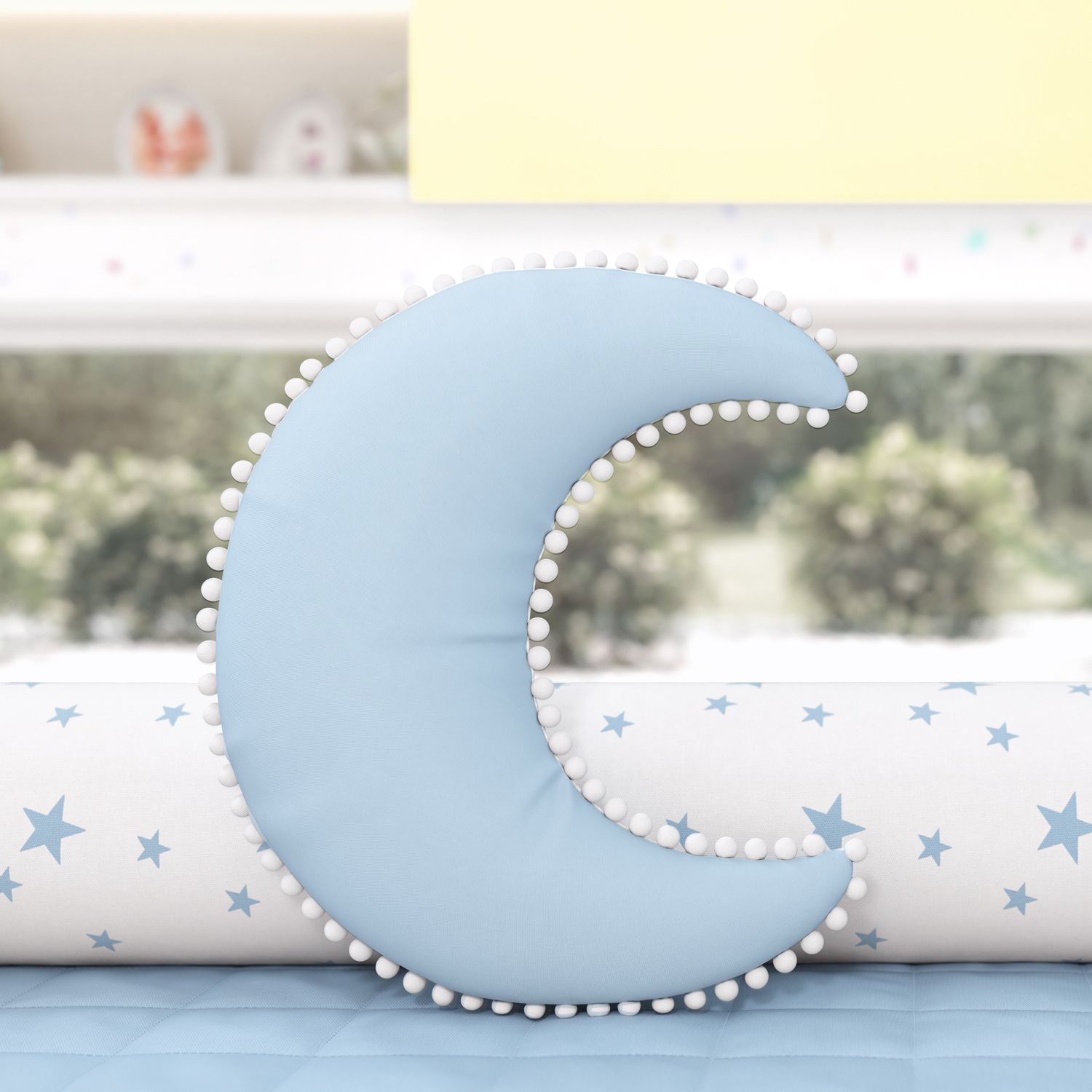 Almofada Lua Pompom Azul 28cm