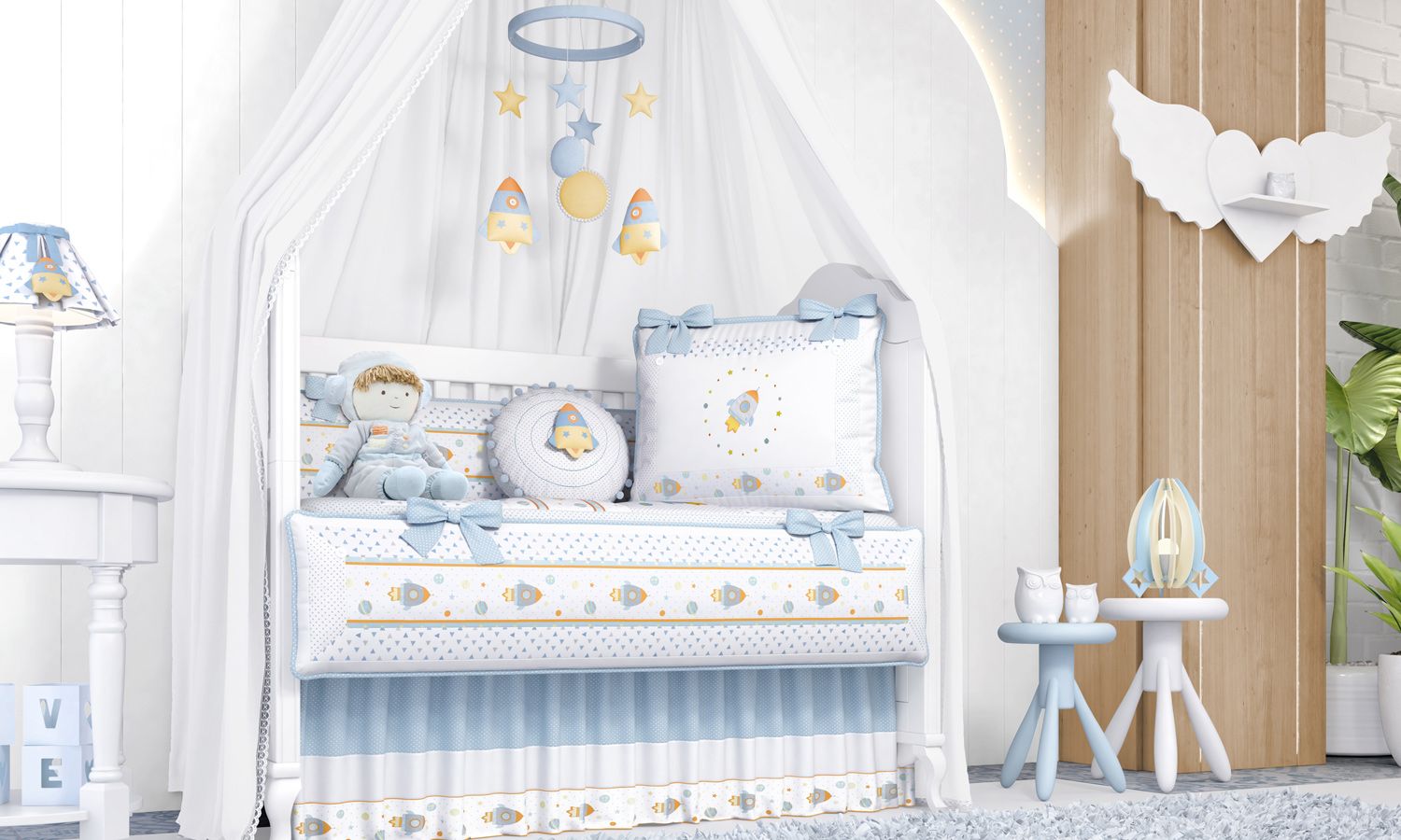 Kit Berço Astronauta Patchwork Azul