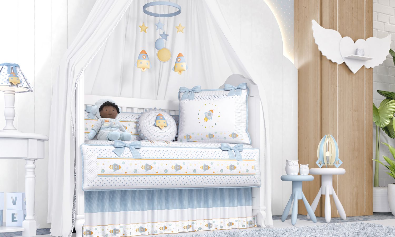 Kit Berço Astronauta Patchwork Azul