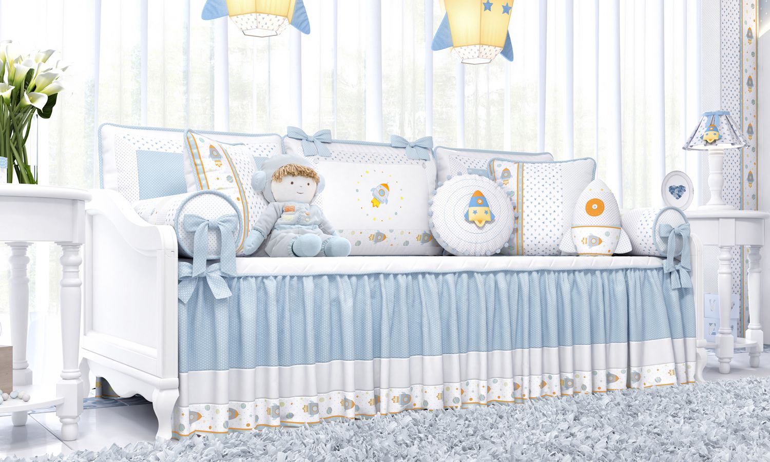 Kit Cama Babá Astronauta Patchwork Azul