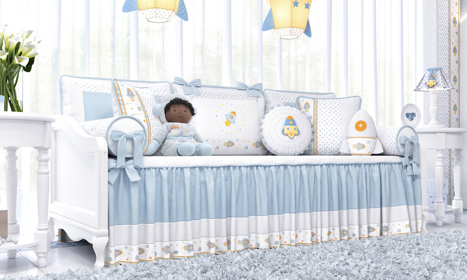 Kit Cama Babá Astronauta Patchwork Azul