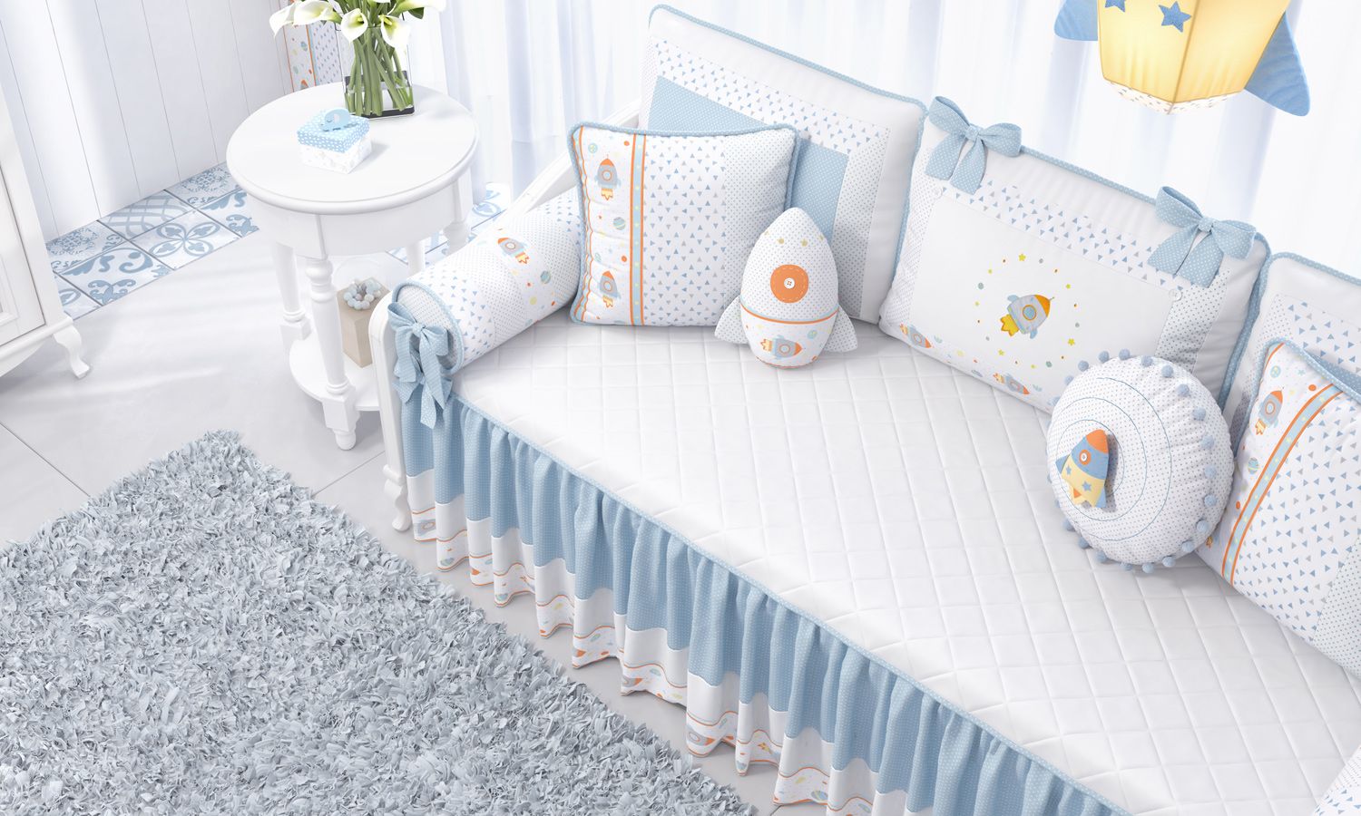 Kit Cama Babá Astronauta Patchwork Azul