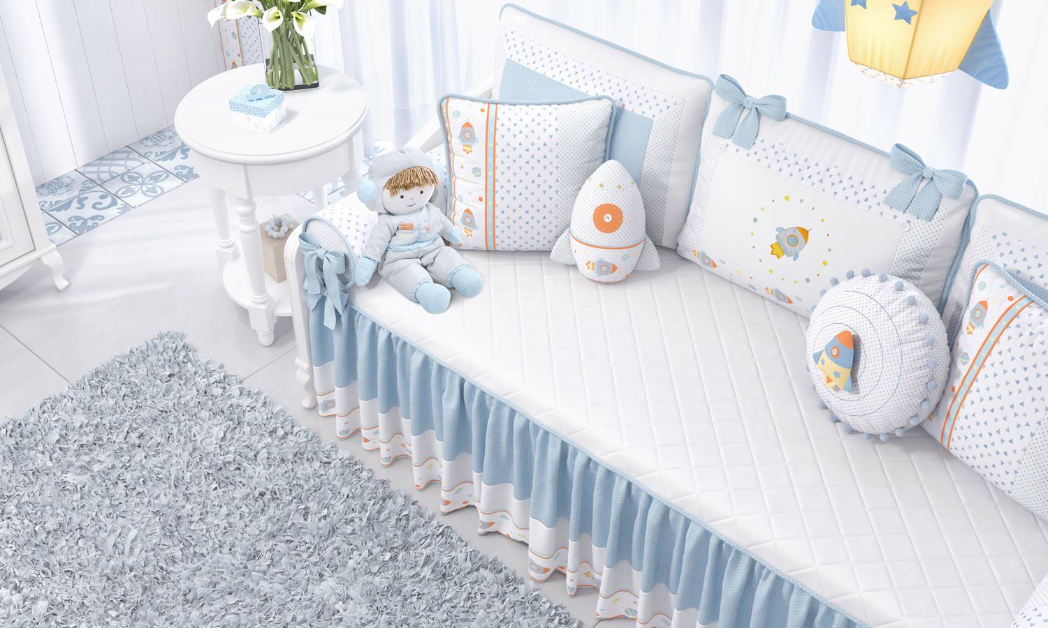 Kit Cama Babá Astronauta Patchwork Azul