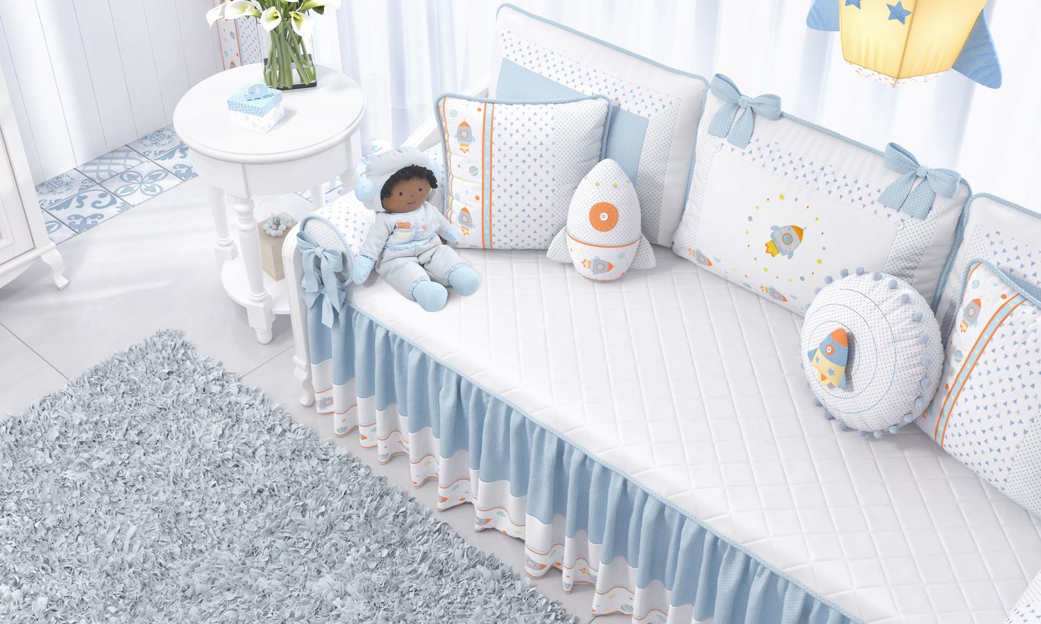 Kit Cama Babá Astronauta Patchwork Azul