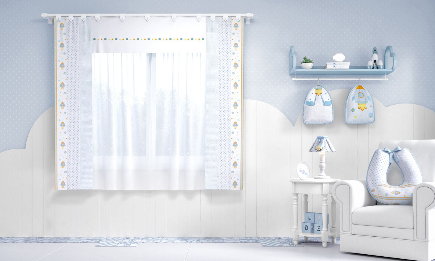 Cortina Astronauta Patchwork Azul 1,50m