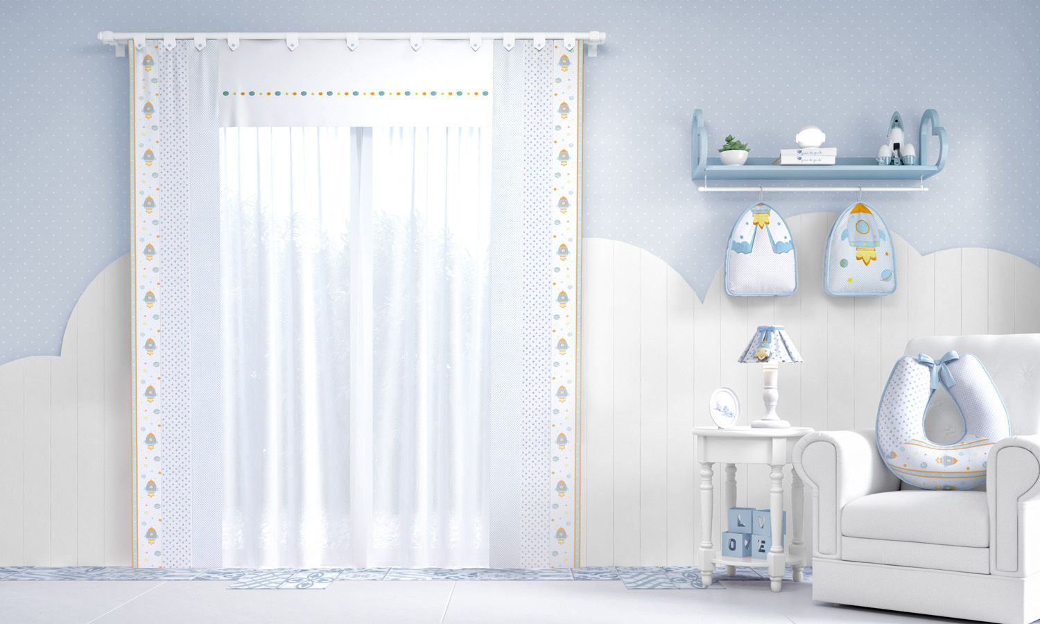 Cortina Astronauta Patchwork Azul 1,50m