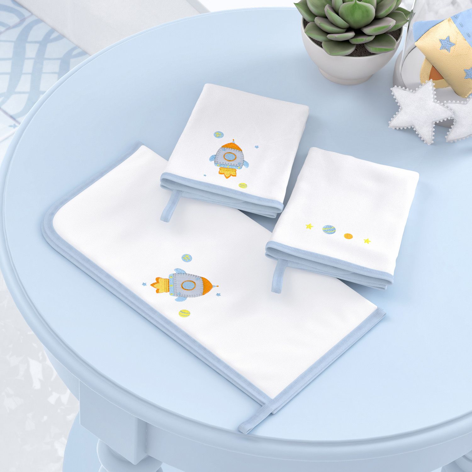 Jogo de Fraldas Boca Malha Astronauta Patchwork Azul