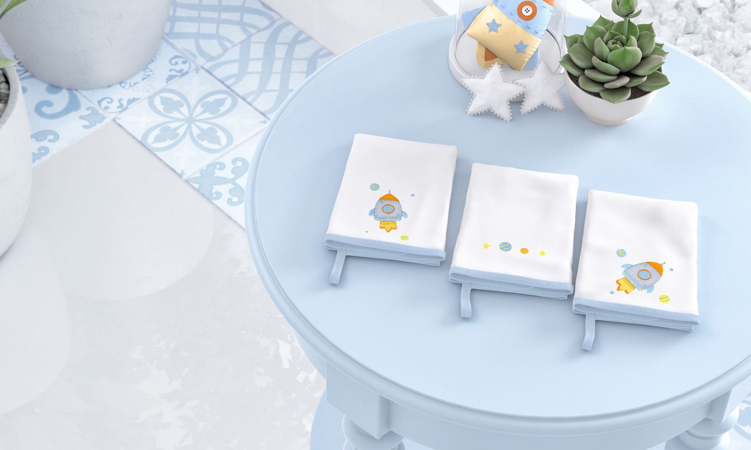 Jogo de Fraldas Boca Malha Astronauta Patchwork Azul