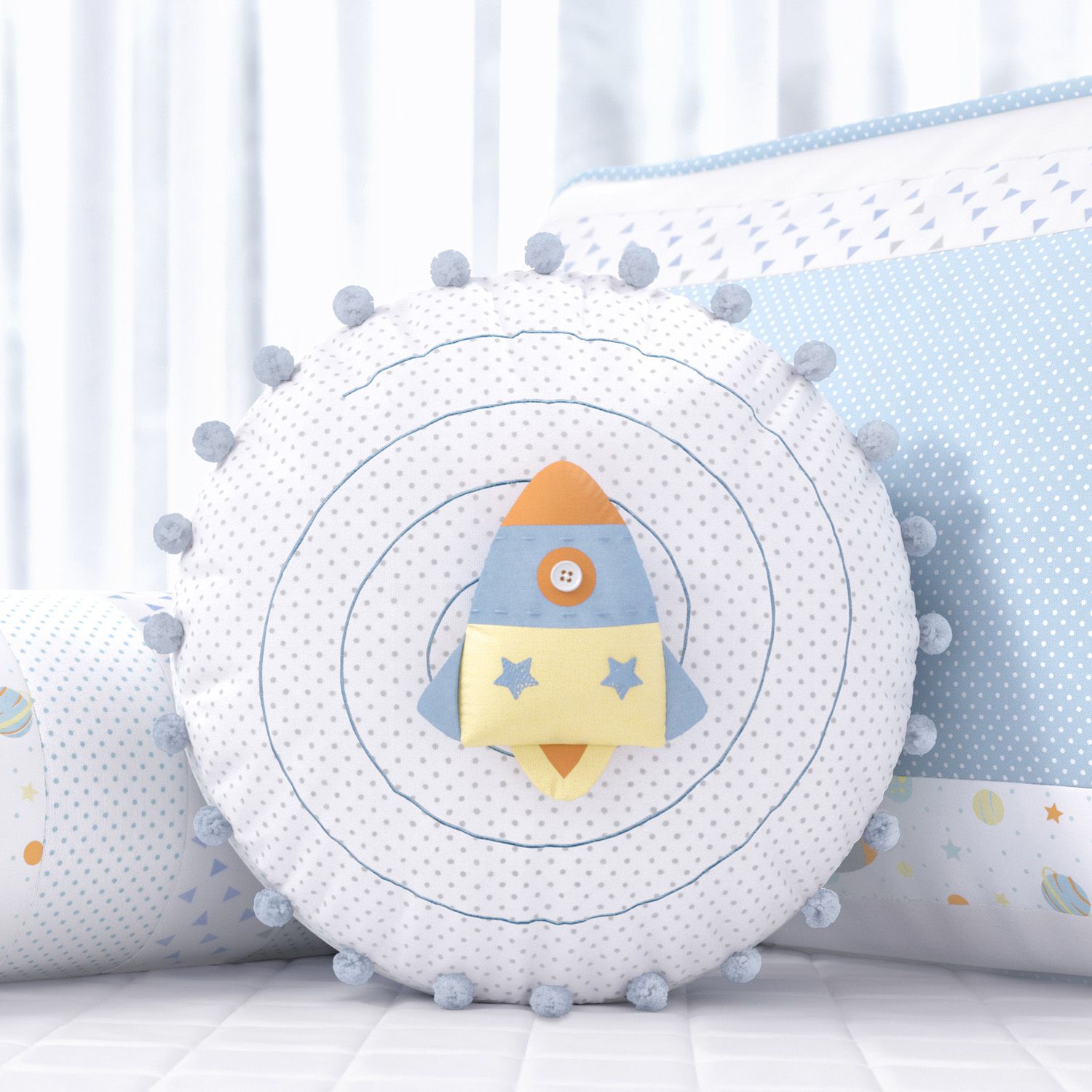 Almofada Redonda Astronauta Patchwork Azul 30cm