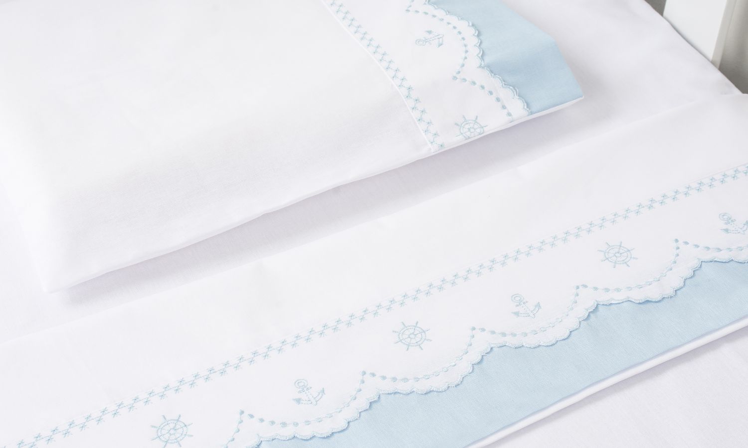 Jogo de Lençol Berço Bordado Leme Azul 3 Peças