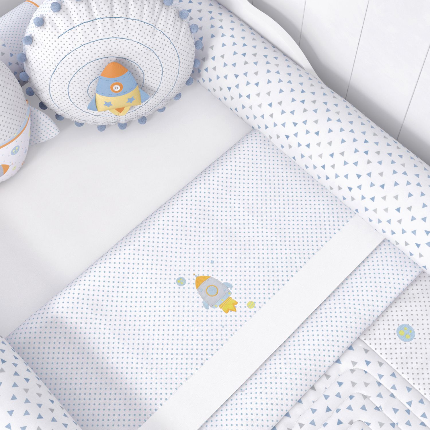 Jogo de Lençol Mini Cama Astronauta Patchwork Azul