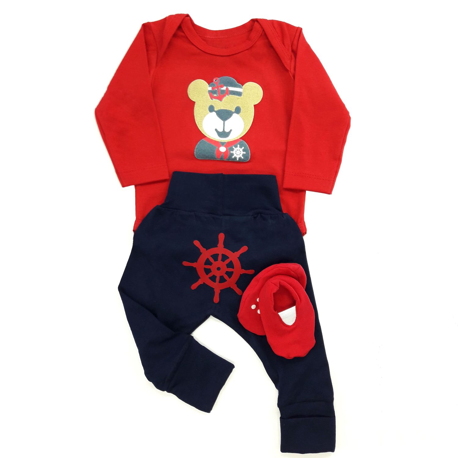 Conjunto de Body Manga Longa, Mijão e Sapatinho Marinheiro Tam G