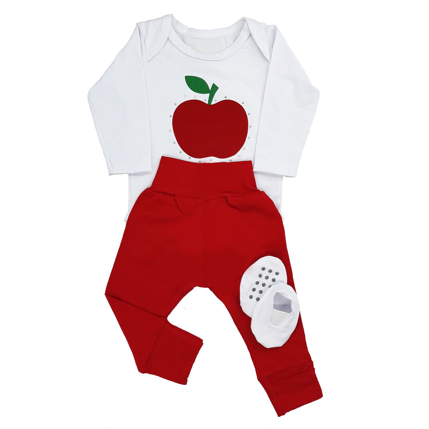 Conjunto de Body Manga Longa, Mijão e Sapatinho Maça 12 a 15 Meses