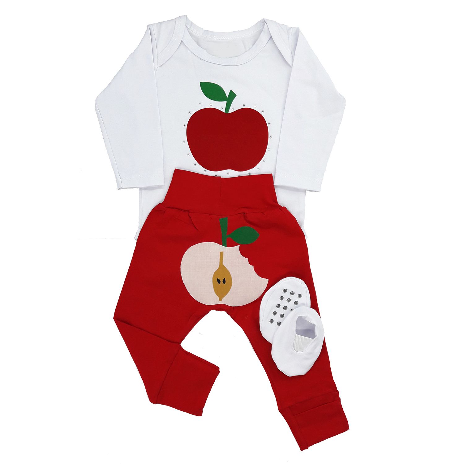 Conjunto de Body Manga Longa, Mijão e Sapatinho Maça 12 a 15 Meses
