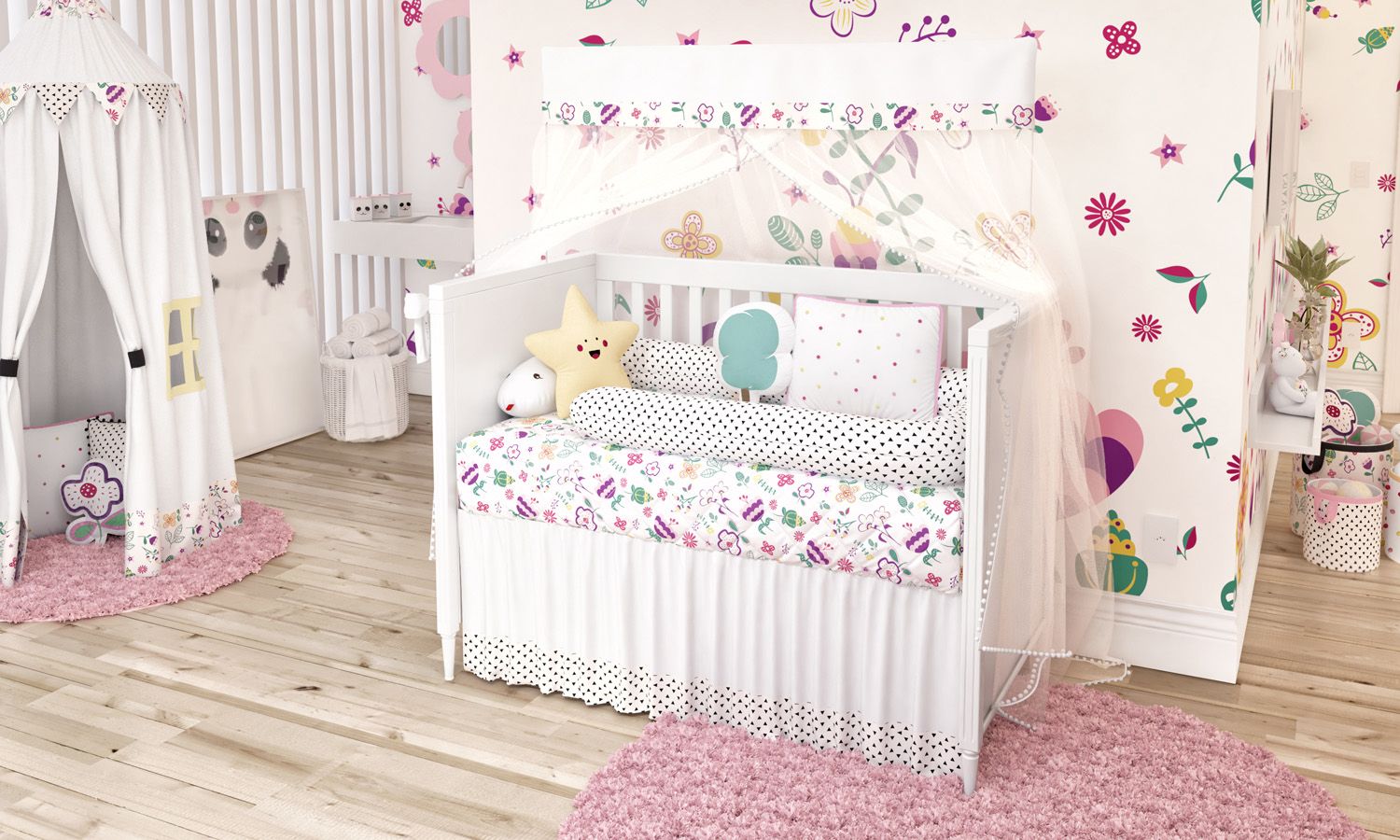 Kit Berço Minhocão Floral Moderna