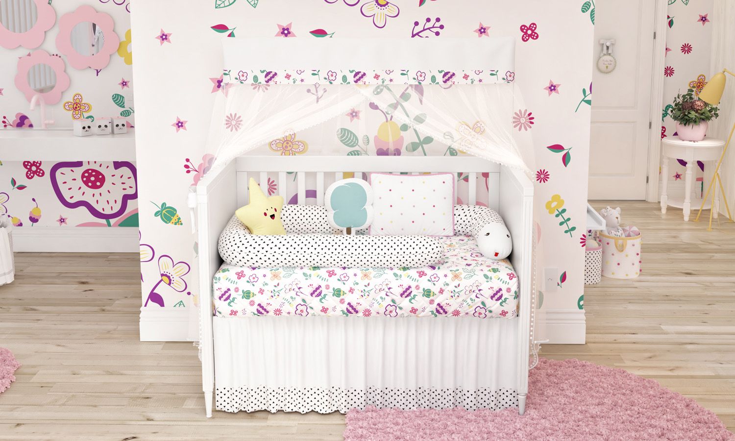 Kit Berço Minhocão Floral Moderna