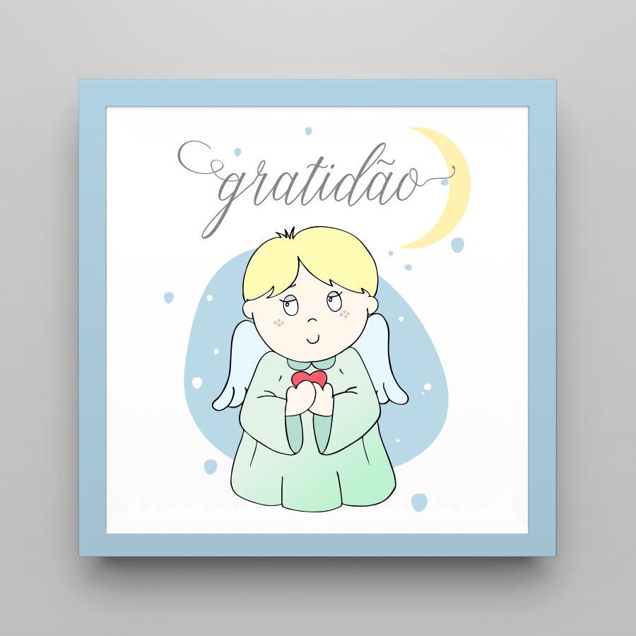 Quadro Anjinho Gratidão Verde/Azul 38cm