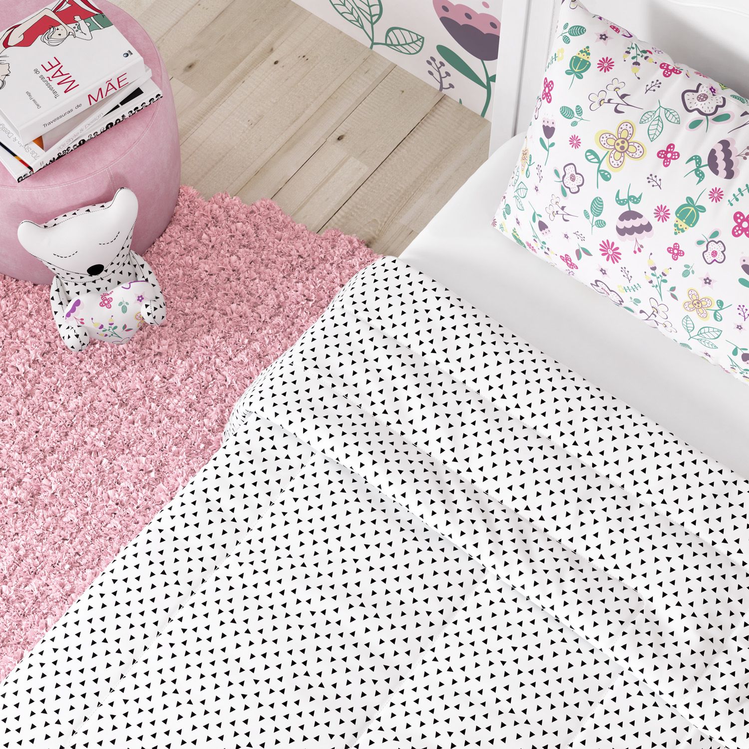 Edredom Infantil Solteiro Triângulos Floral Moderna