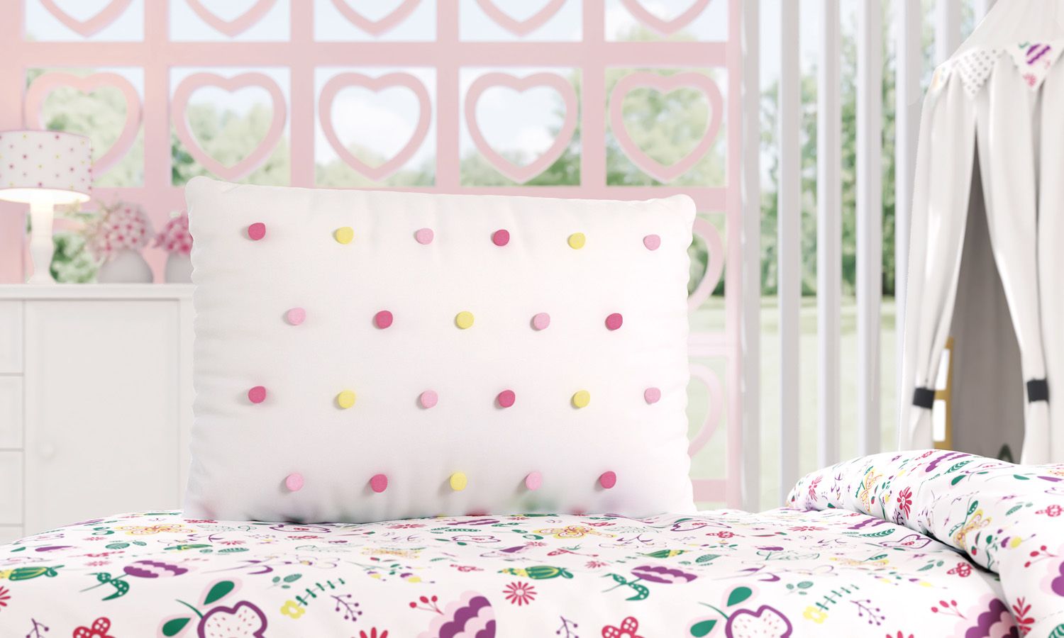 Almofada Retangular Pompons Rosa e Amarelo 55cm