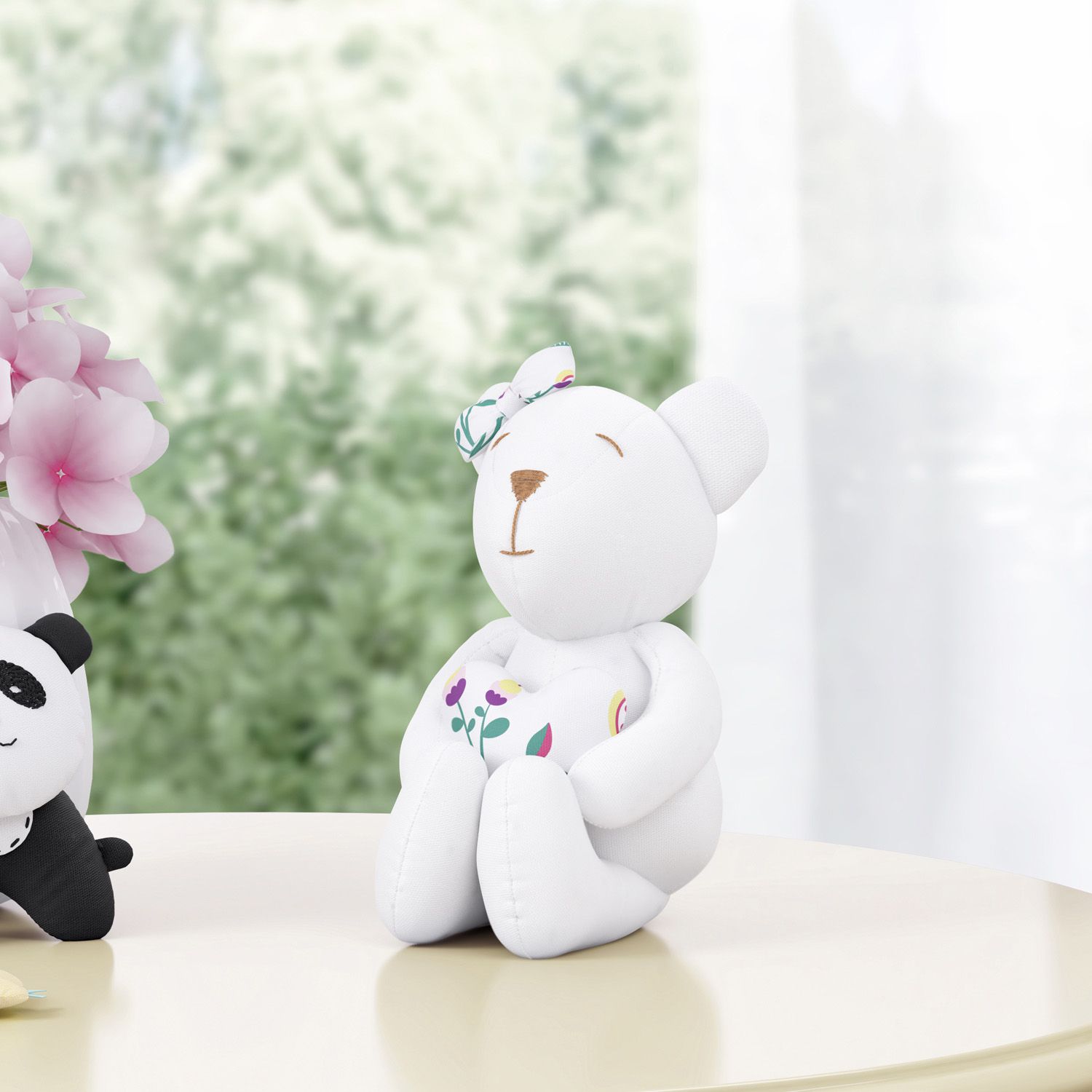 Ursinha Branca com Coração Floral Moderna 15cm