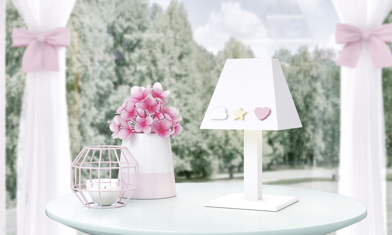 Abajur MDF Nuvem, Estrela e Coração Rosa