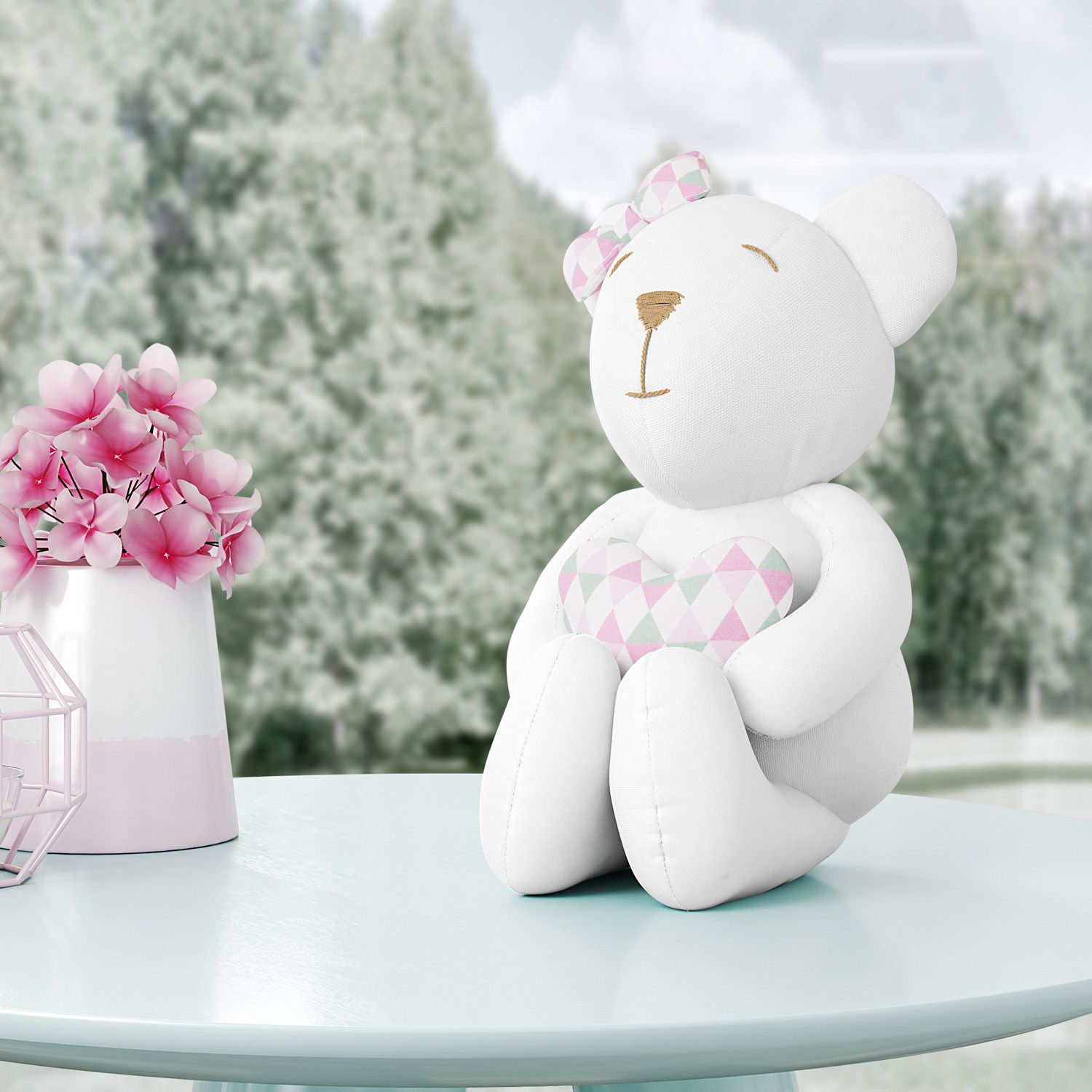 Ursinha Branca com Coração Estampa Geométrica Rosa 42cm