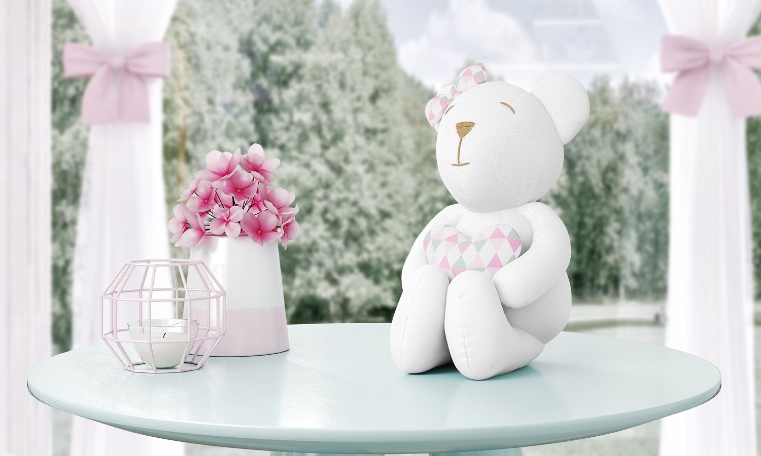 Ursinha Branca com Coração Estampa Geométrica Rosa 42cm