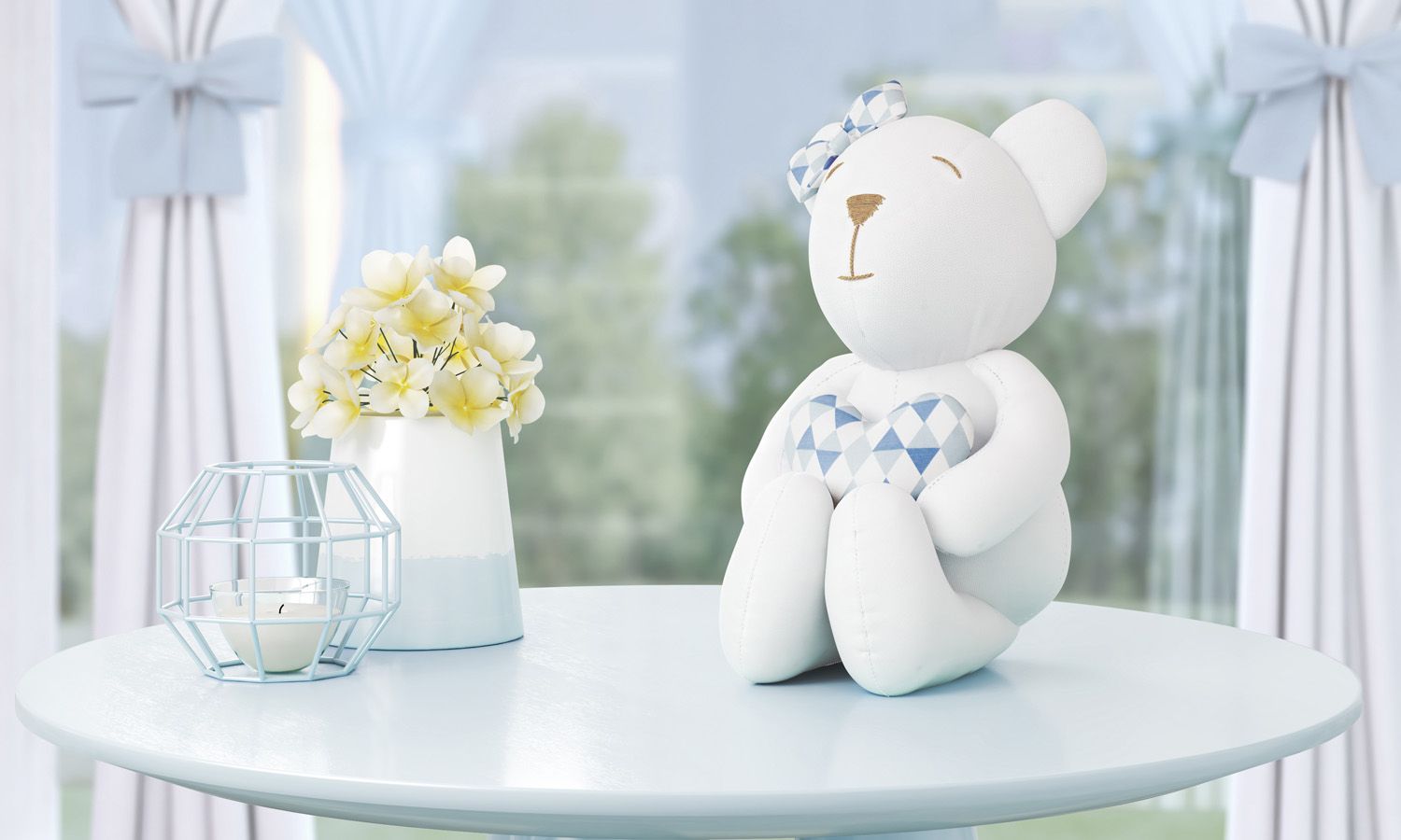 Ursinha Branca com Coração Estampa Geométrica Rosa 42cm