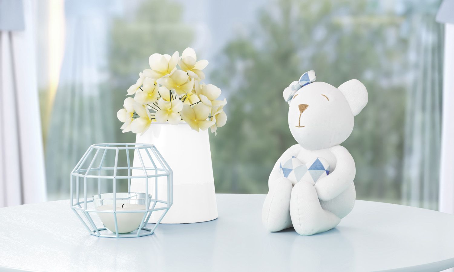 Ursinha Branca com Coração Estampa Geométrica Rosa 42cm