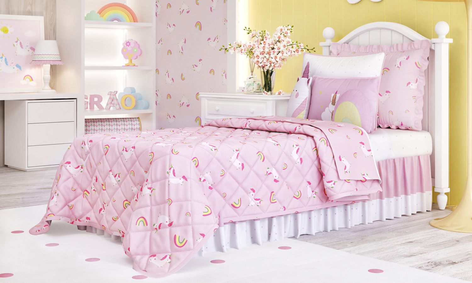 Edredom Infantil Solteiro Matelado Amiguinhas Unicórnio