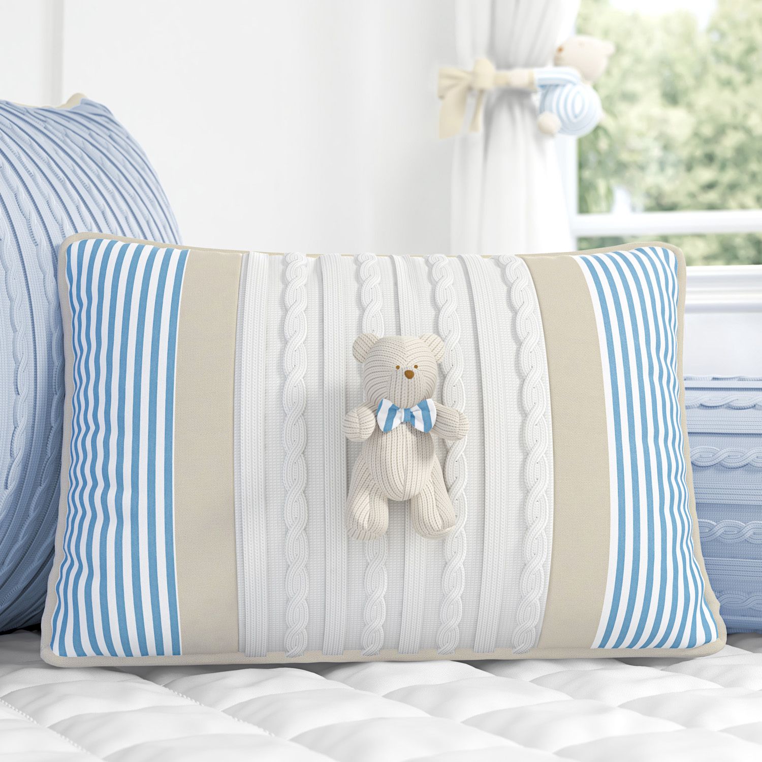 Almofada Retangular Tricot Ursinho Listrada Azul e Bege 43cm