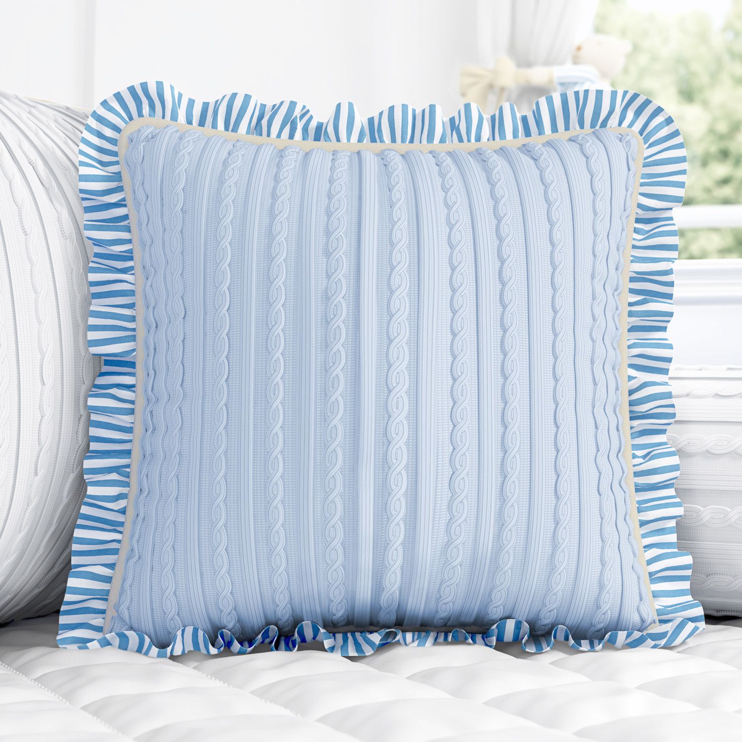 Almofada Tricot Luxo Azul com Babado 38cm