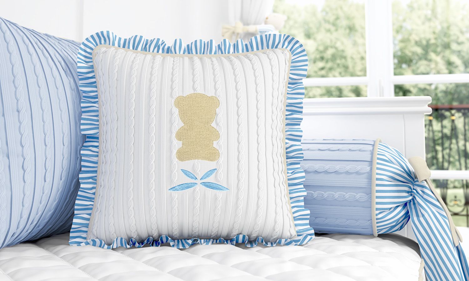 Almofada Urso Tricot Luxo Azul com Babado 38cm