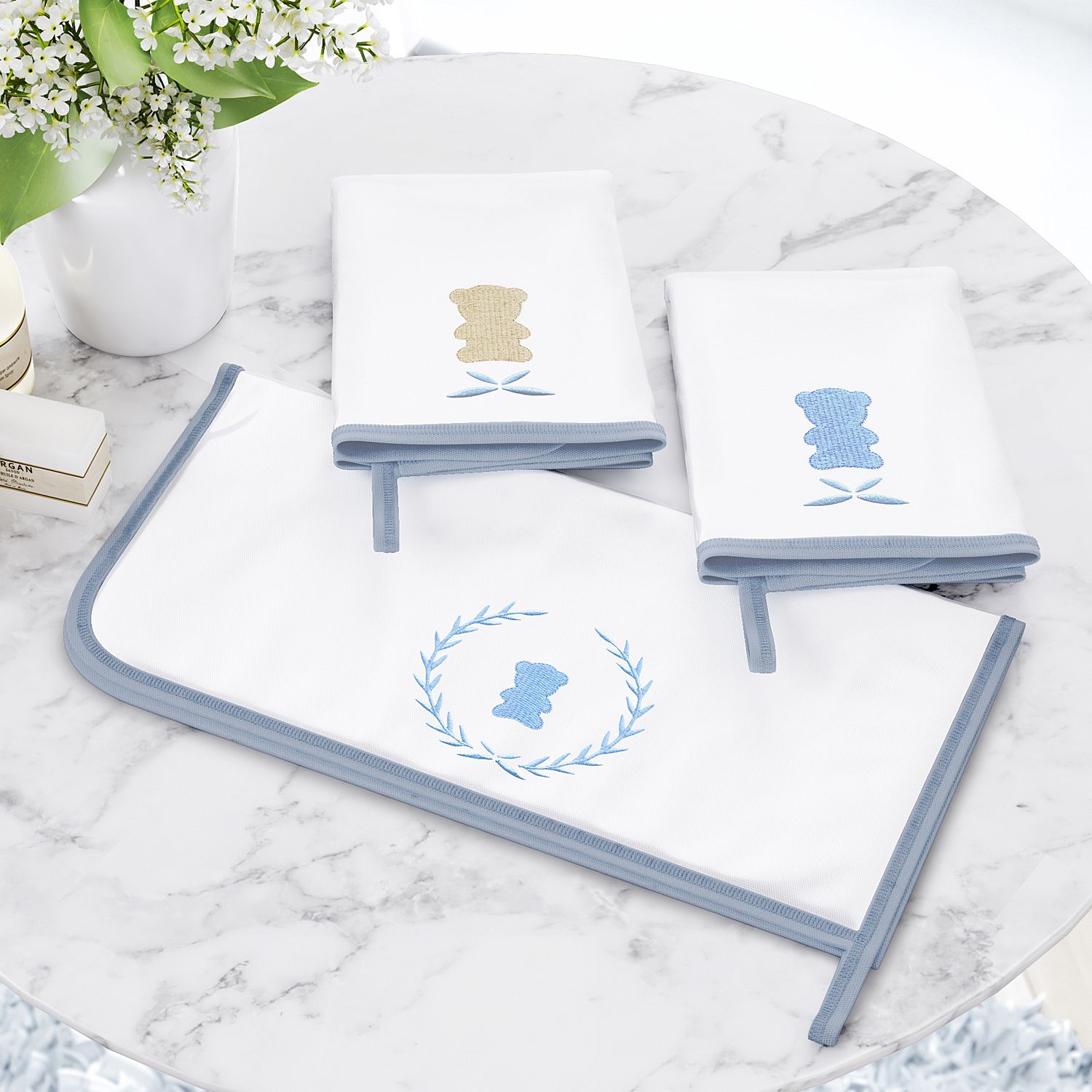 Jogo de Fraldas de Boca Malha Urso Luxo Azul