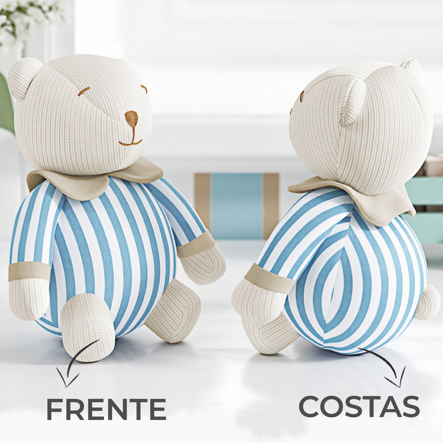 Urso Pijama Listrado Tricot Luxo Azul 18cm