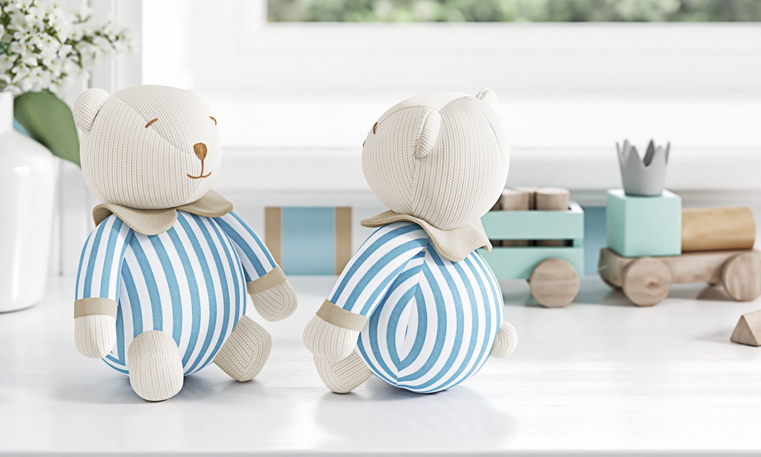 Urso Pijama Listrado Tricot Luxo Azul 18cm